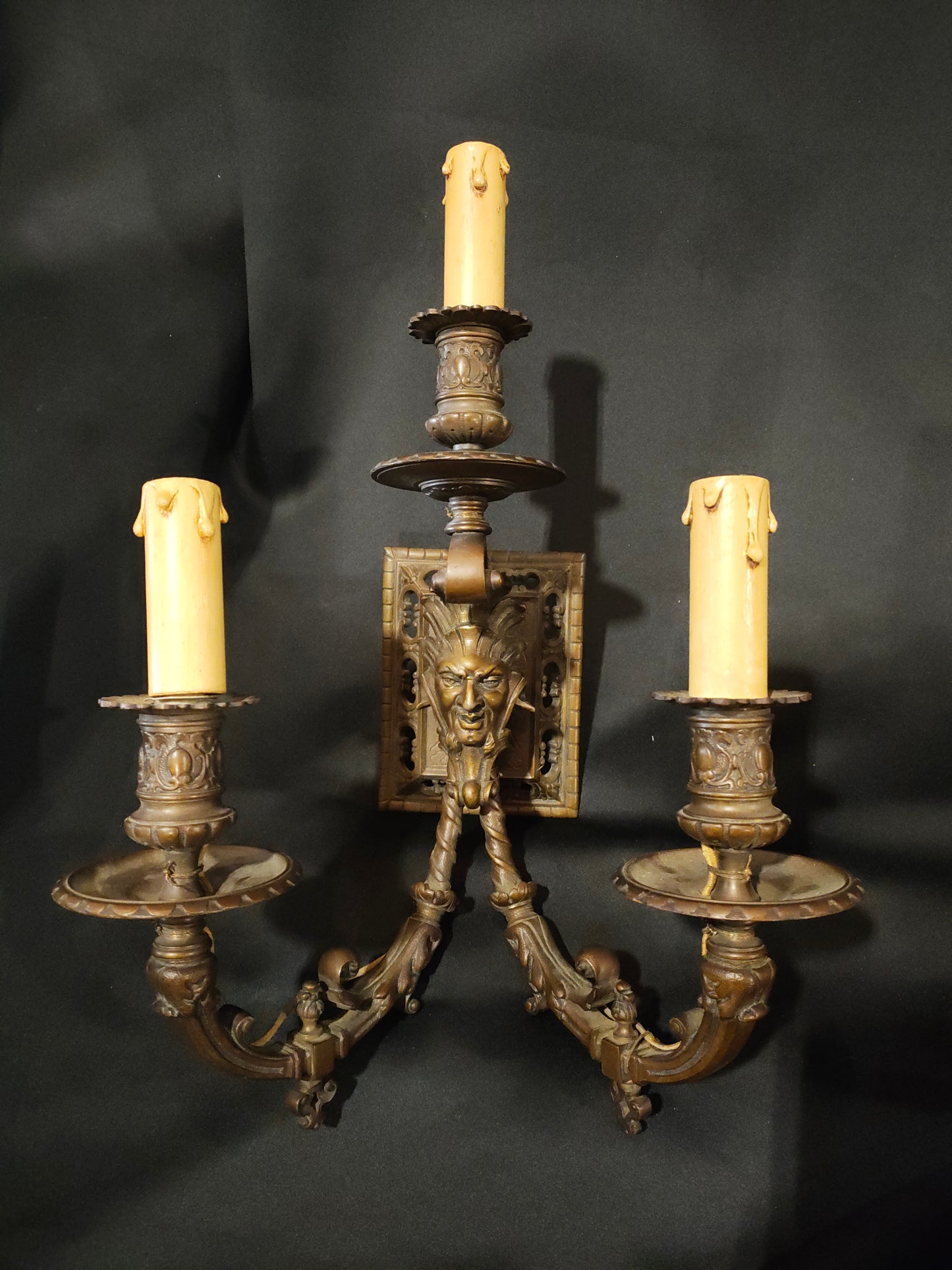 Pair of Antique French Renaissance Revival Bronze Figural Wall Sconces