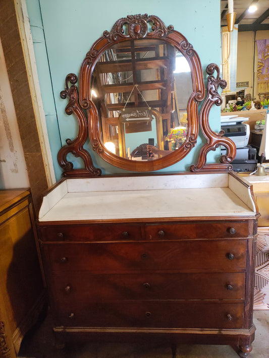 Antique Victorian Marble Top Dresser with Carved Mirror