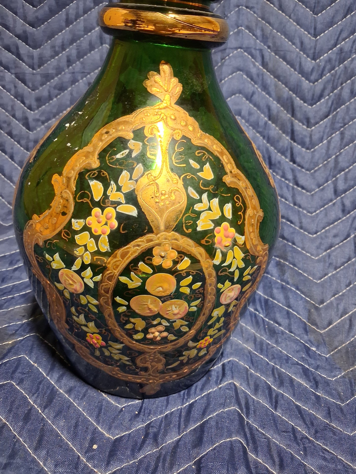 Antique Bohemian Emerald Green Art Glass Decanter with Gilt Decoration
