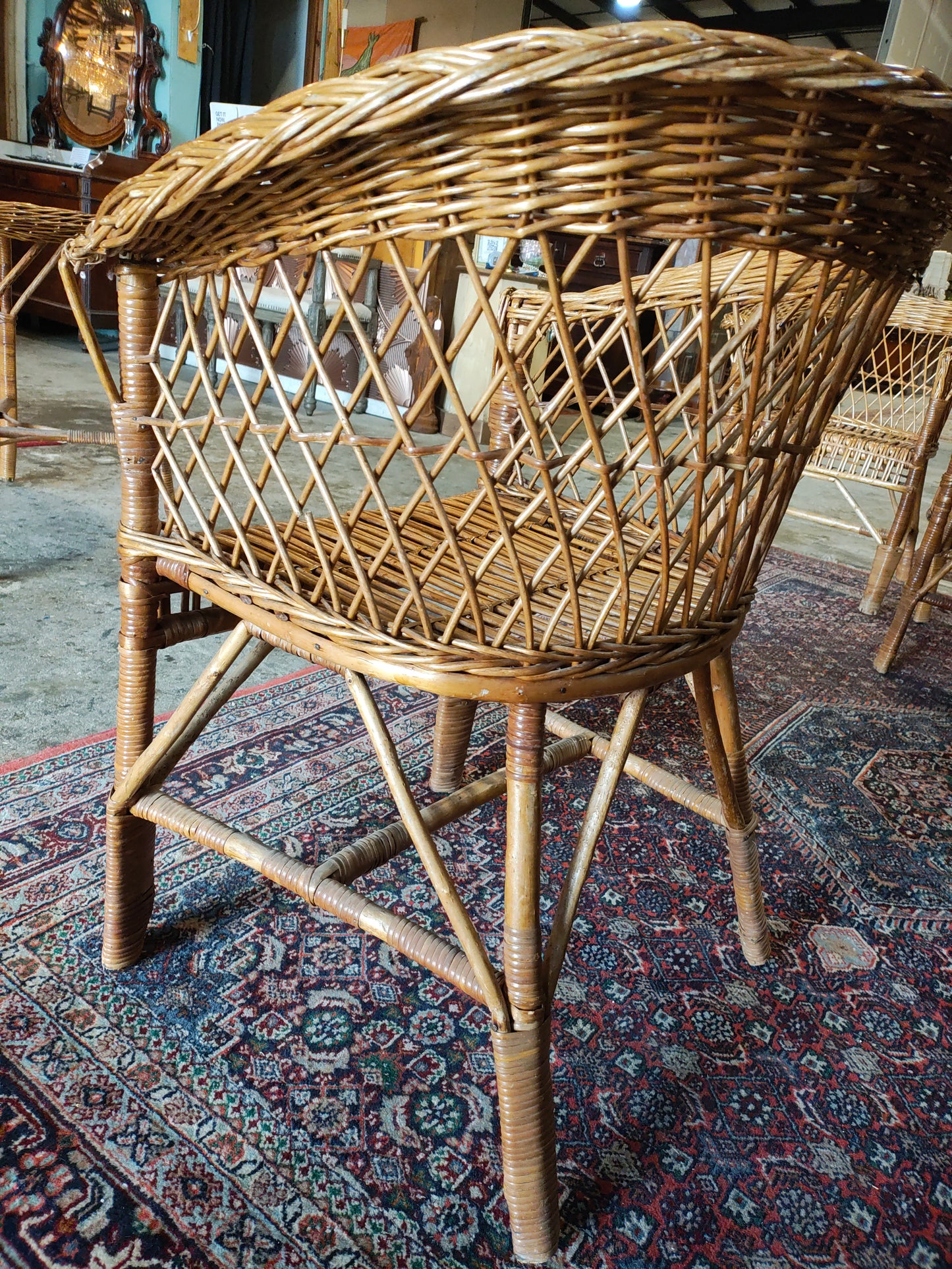 Mid-Century Rattan Barrel Back Lounge Chairs with Round Wicker Table – Set of 5