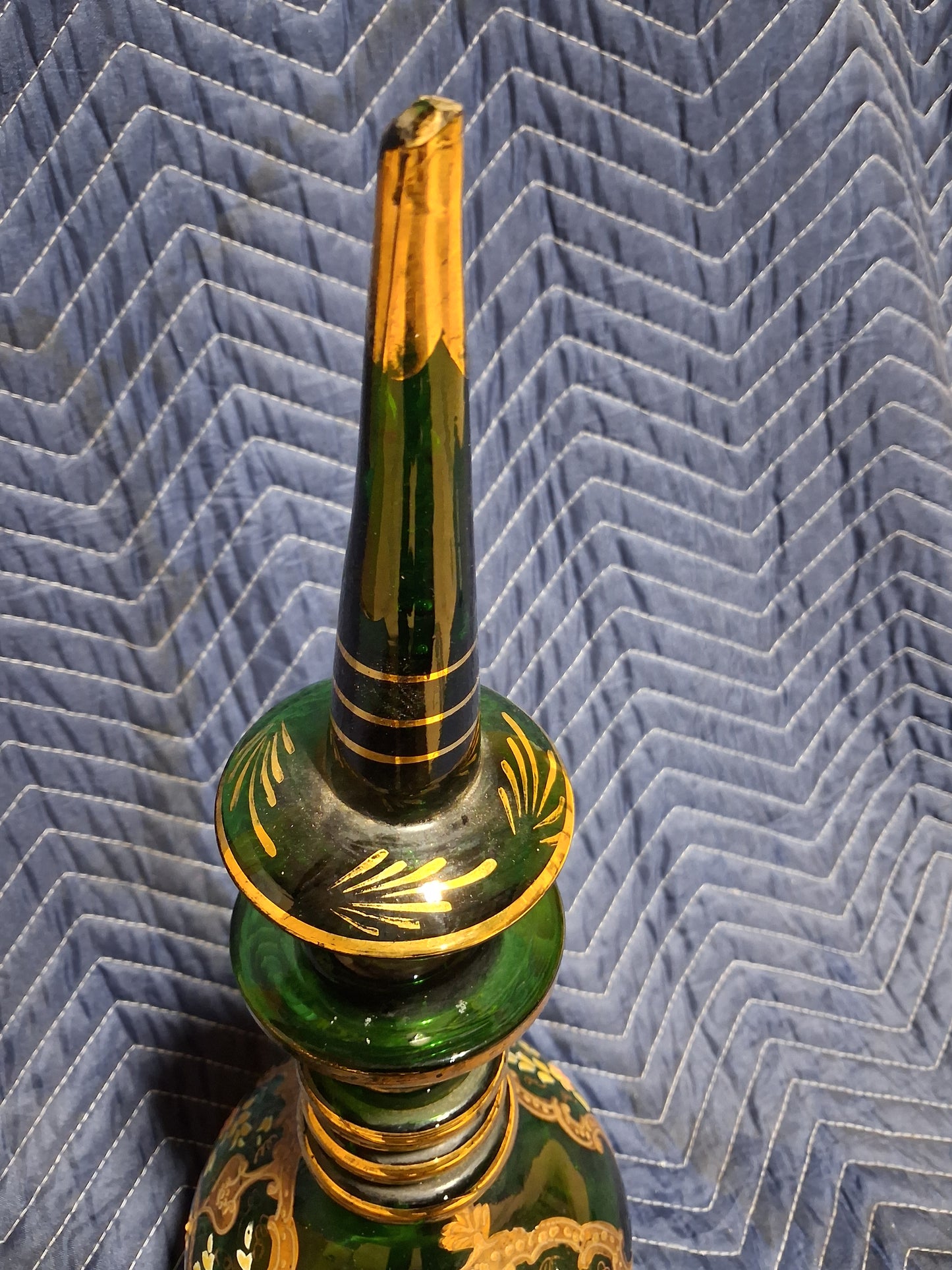 Antique Bohemian Emerald Green Art Glass Decanter with Gilt Decoration