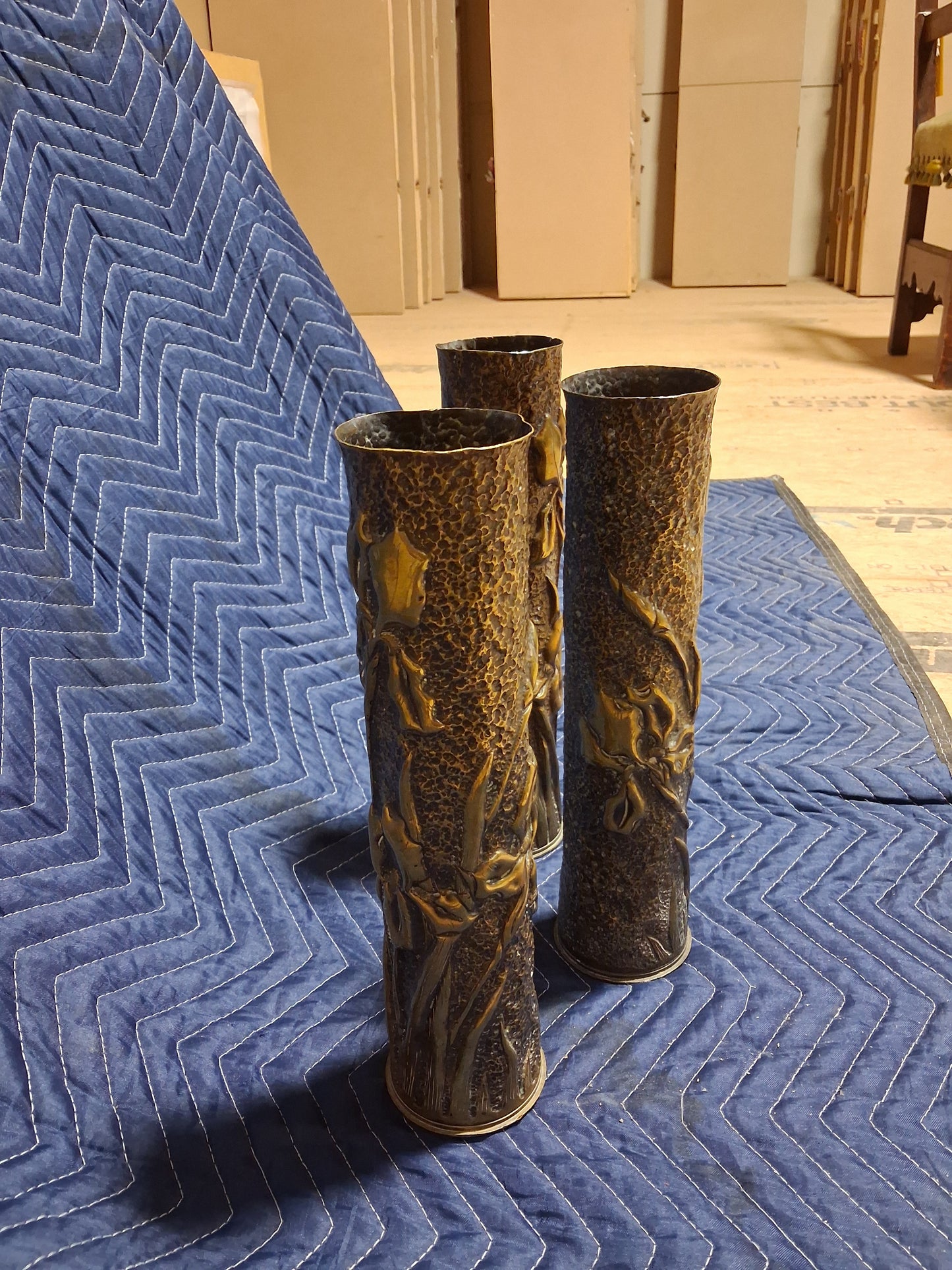French WWI Trench Art Iris Shell Vase Set, Three 75mm Artillery Casings