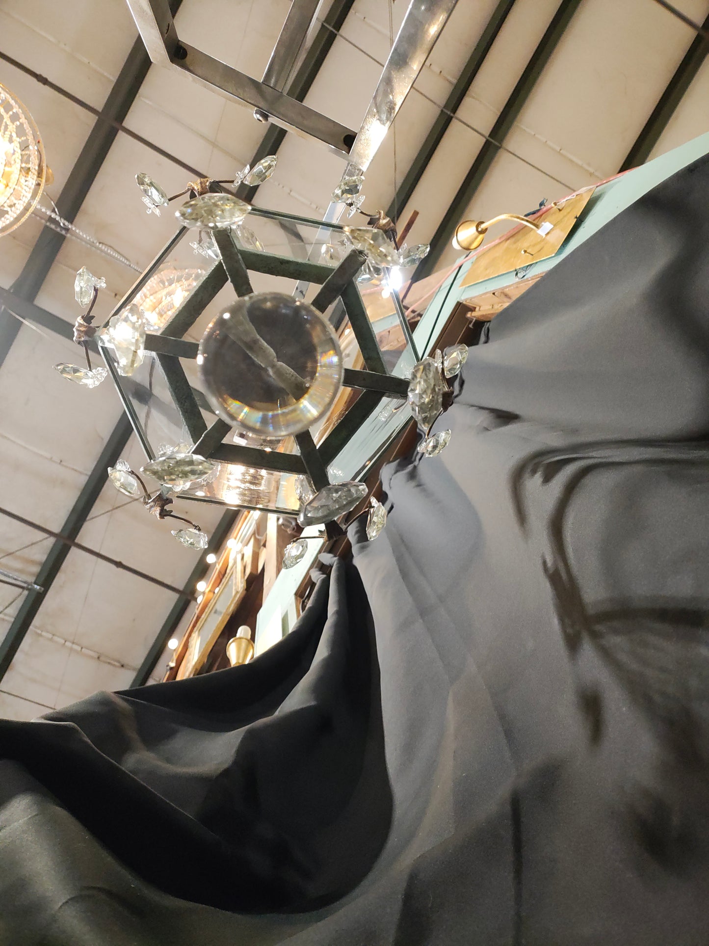 French Provincial Verdigris Iron & Crystal Lantern Chandelier