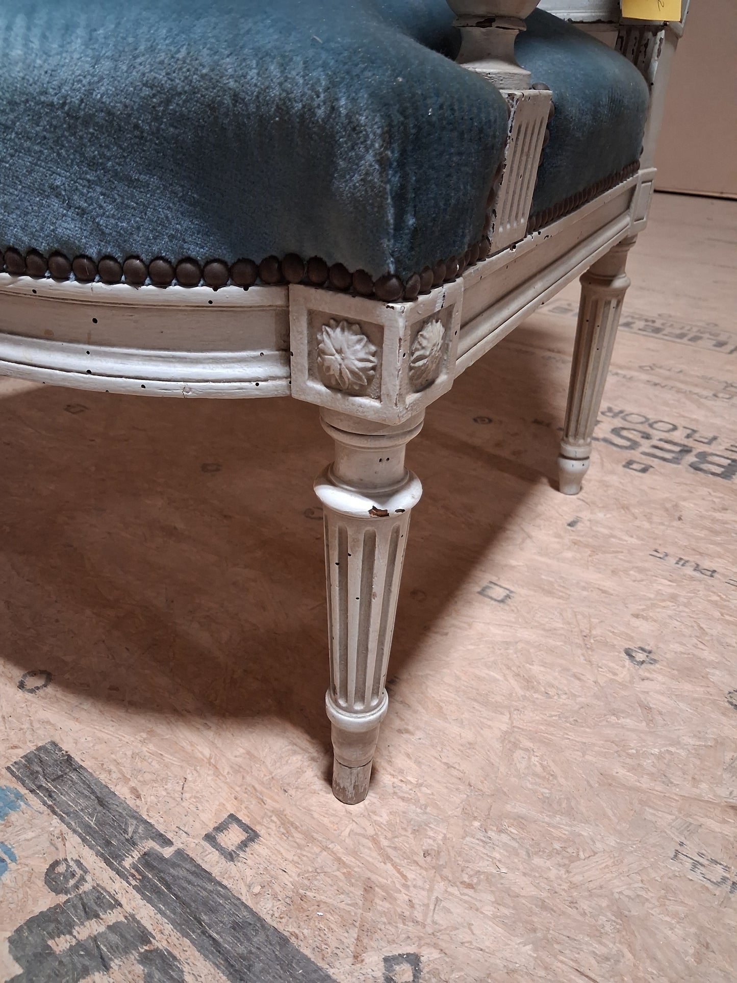 Pair of French Louis XVI Style Painted Fauteuils with Blue Velvet Upholstery