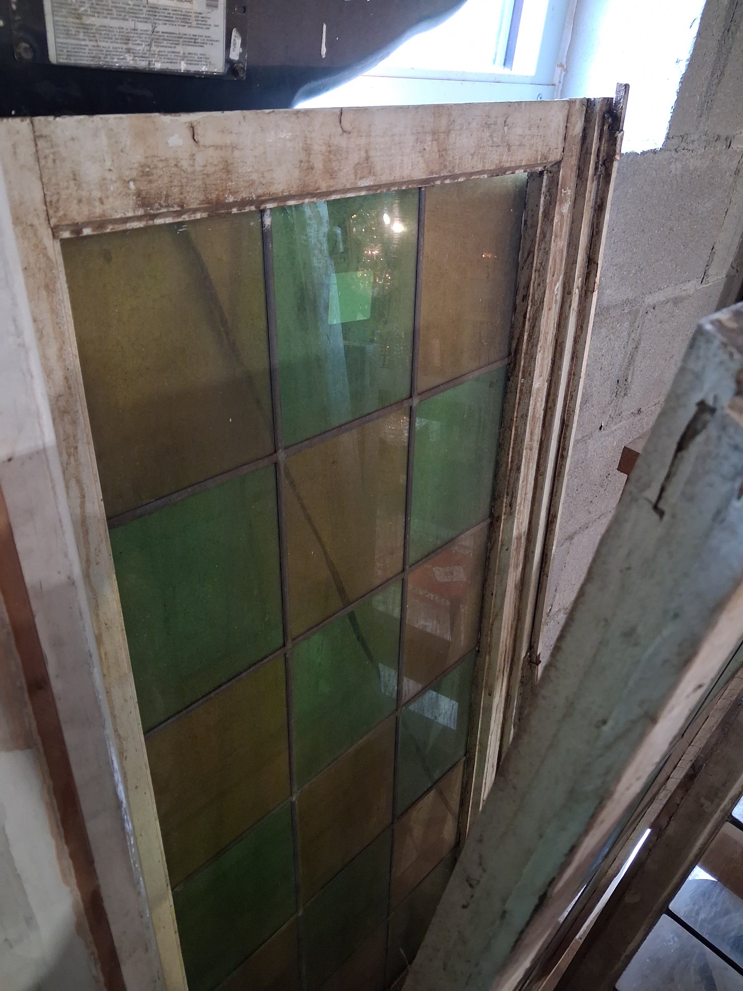 Pair of Antique Green & Yellow Leaded Glass Windows