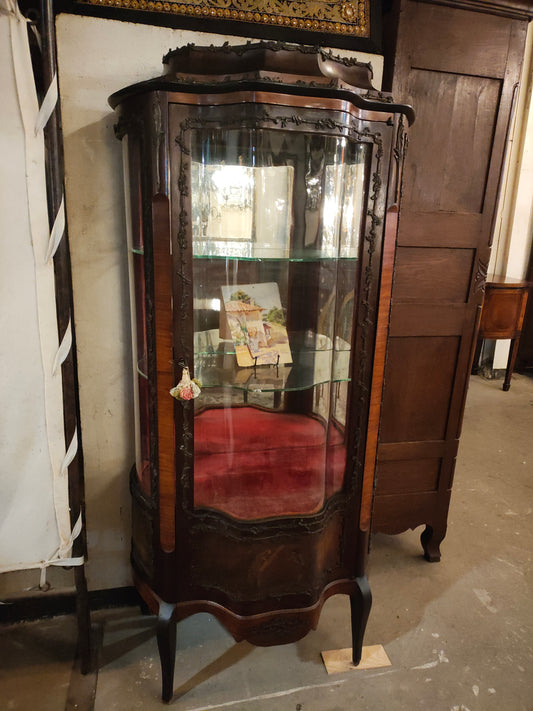 Antique French Curved Glass Display Cabinet with Painted Panels, c.1900