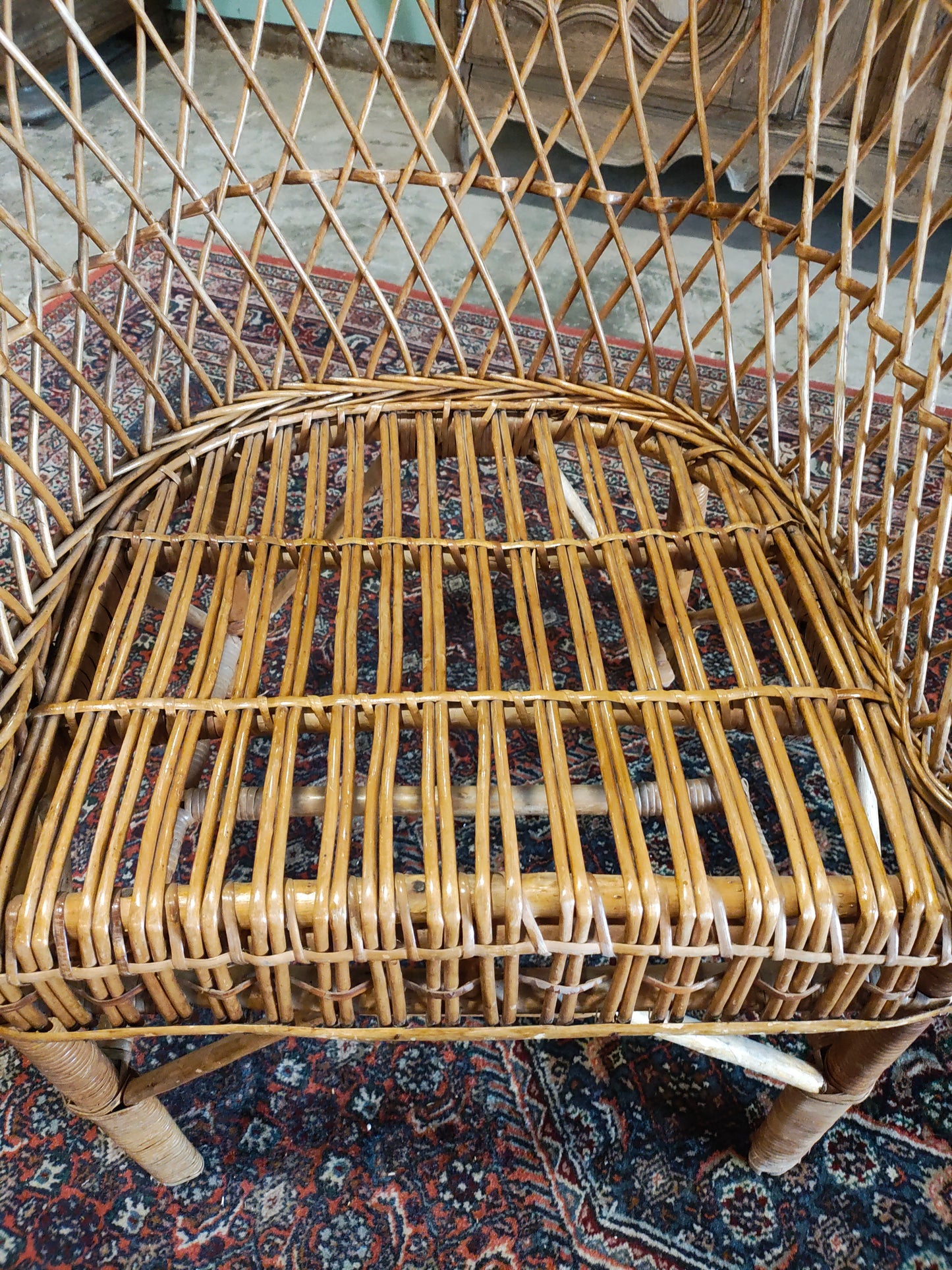 Mid-Century Rattan Barrel Back Lounge Chairs with Round Wicker Table – Set of 5