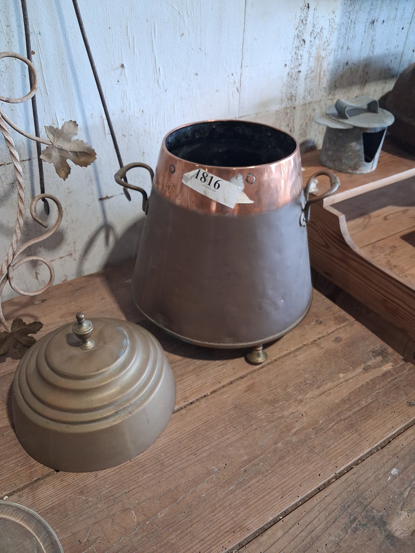 Antique Copper and Brass Covered Coal Scuttle / Fireplace Fuel Bin