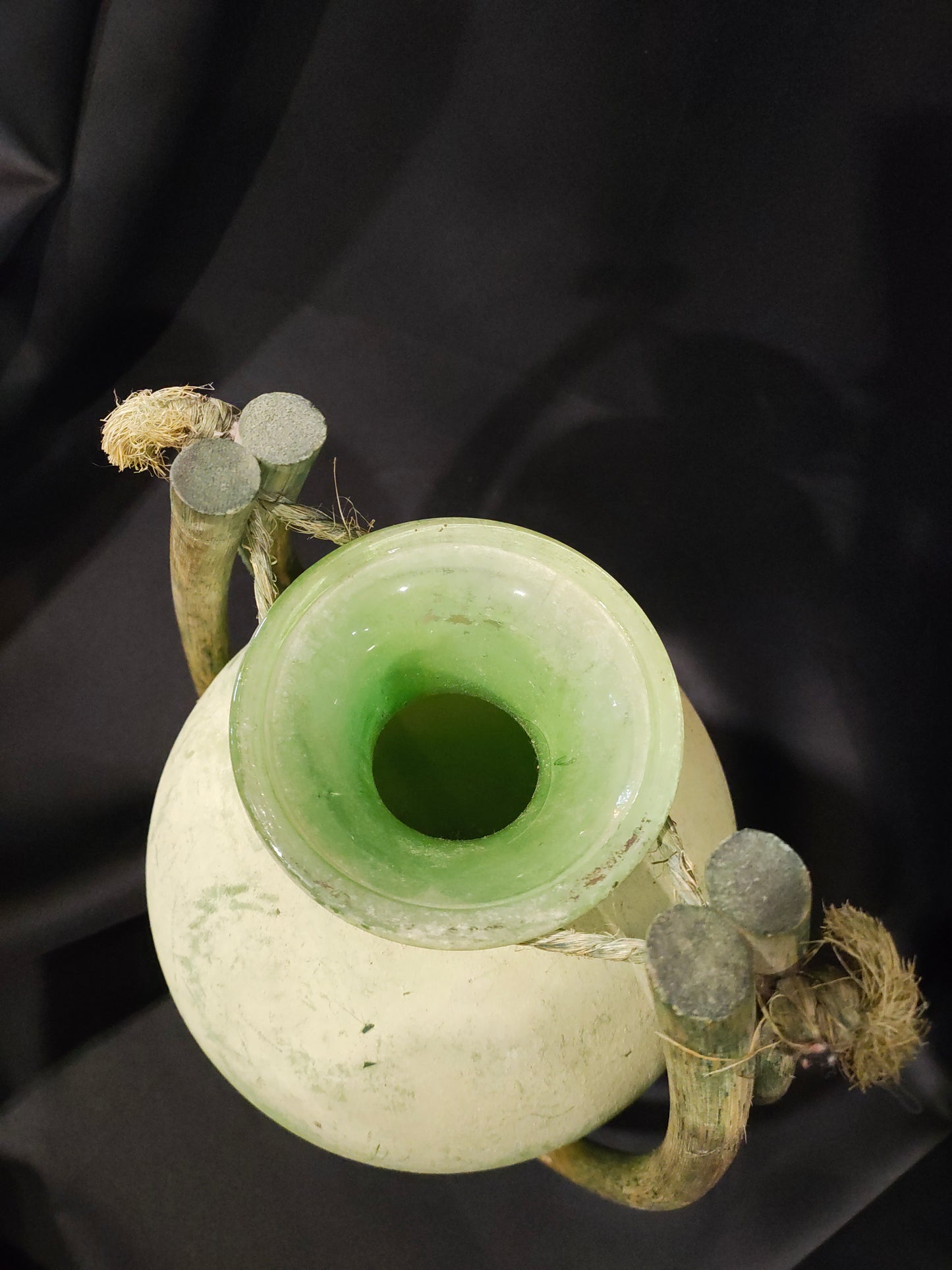 Mid-Century Green Art Glass Amphora Vase with Bamboo Stand