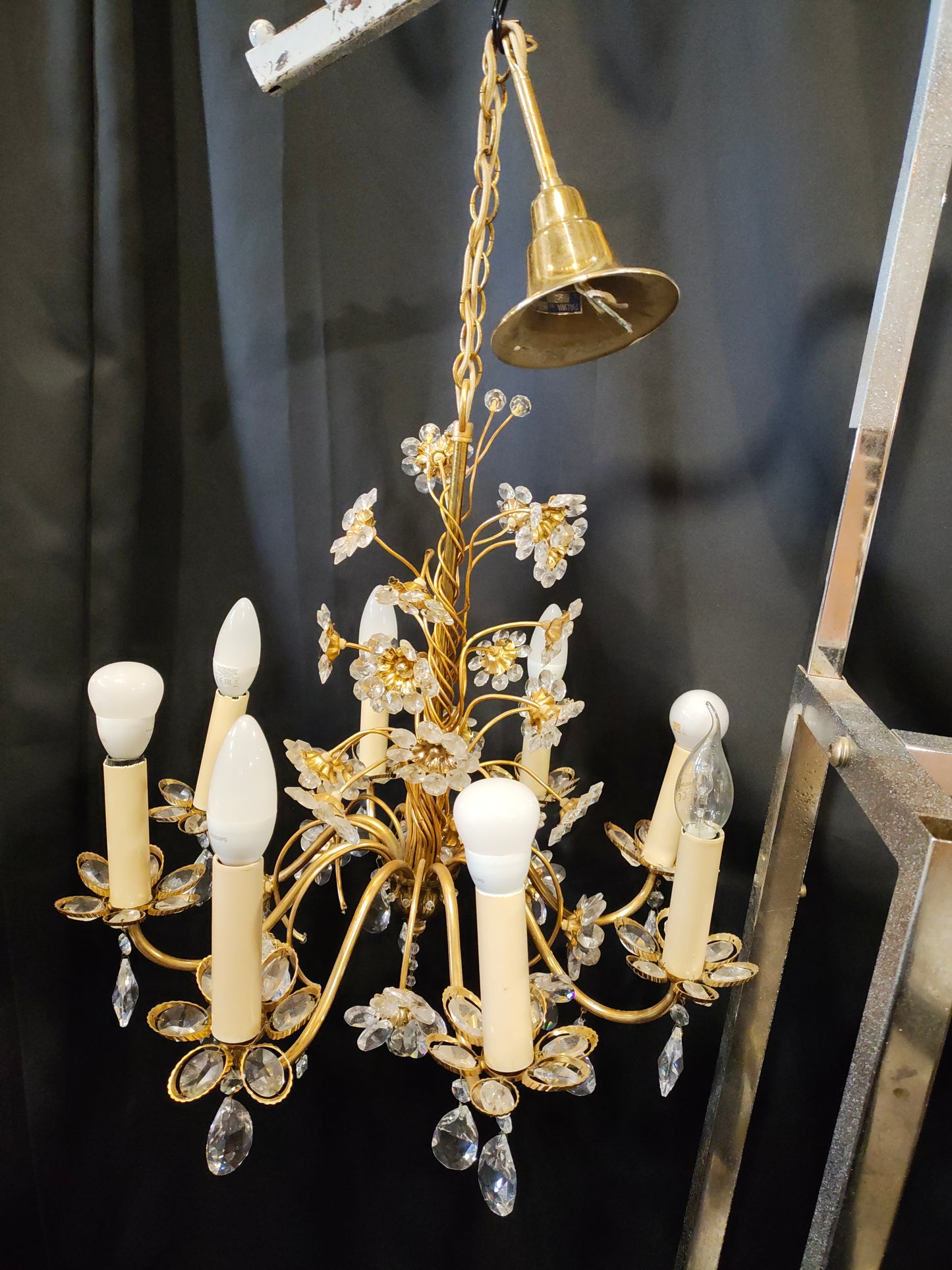 Vintage Italian Crystal Floral Chandelier | Gilt Metal | 8-Light | 1950s