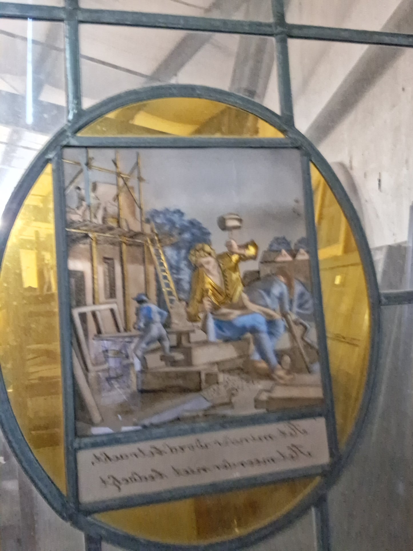 Monumental Dutch Arts & Crafts Leaded & Painted Glass Window