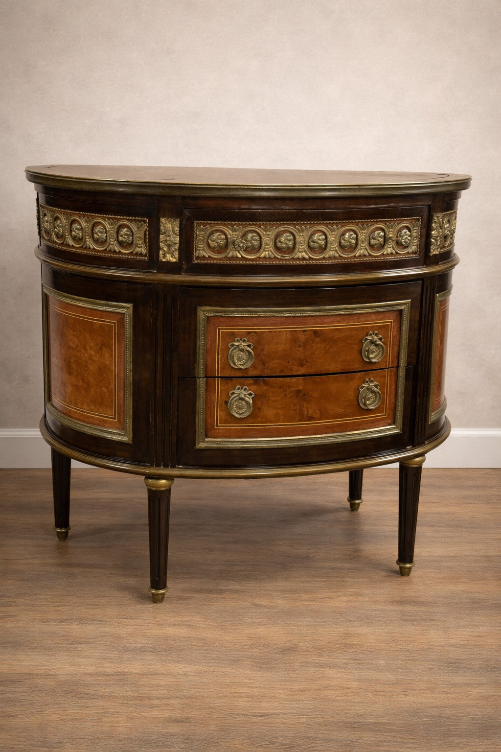 French Napoleon III Demilune Commode with Radial Parquetry and Gilt Mounts, c. 1880